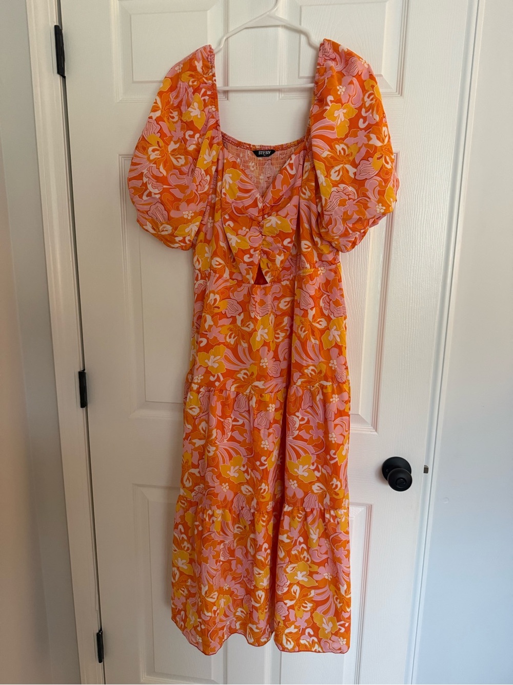 Puff Sleeve Floral Maxi Dress in Orange and Pink